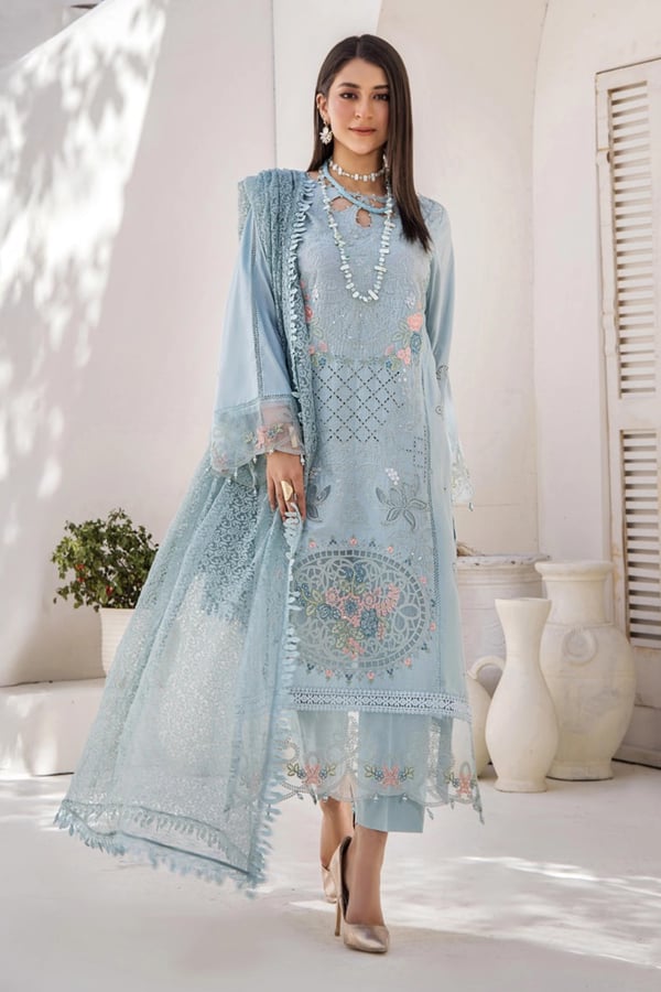 Luxury 3 piece Maria B suit Eid 2025 collection - SBLUE, X - Large