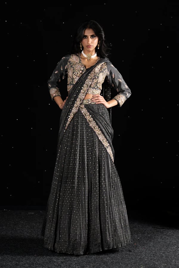 Luxury 2 piece chiffon's embroidered sari - Grey, 36