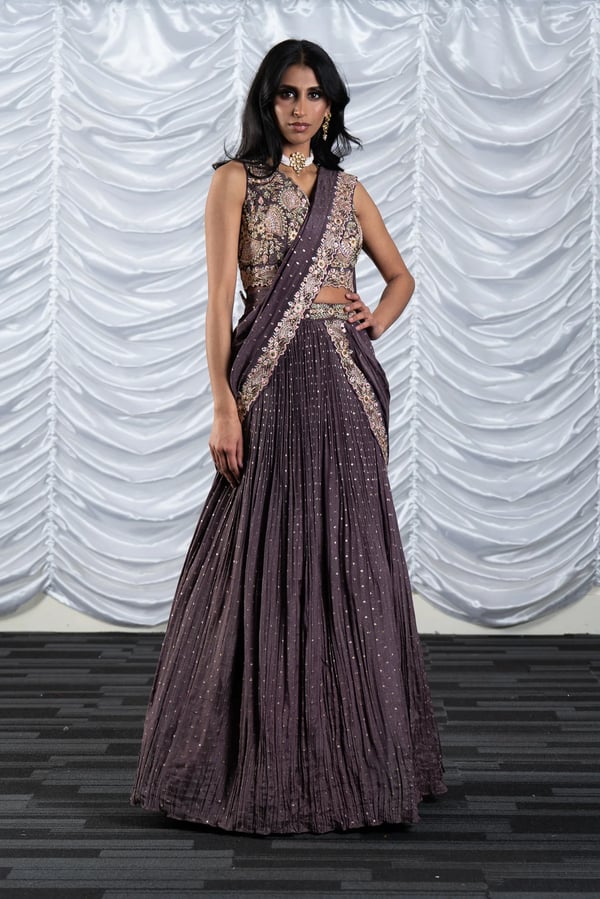Luxury 2 piece chiffon's embroidered sari - Mauve, 36