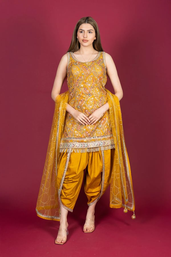 Shiffonz premium 3 piece crepe suit with tulip shalwar - Yellow, 36