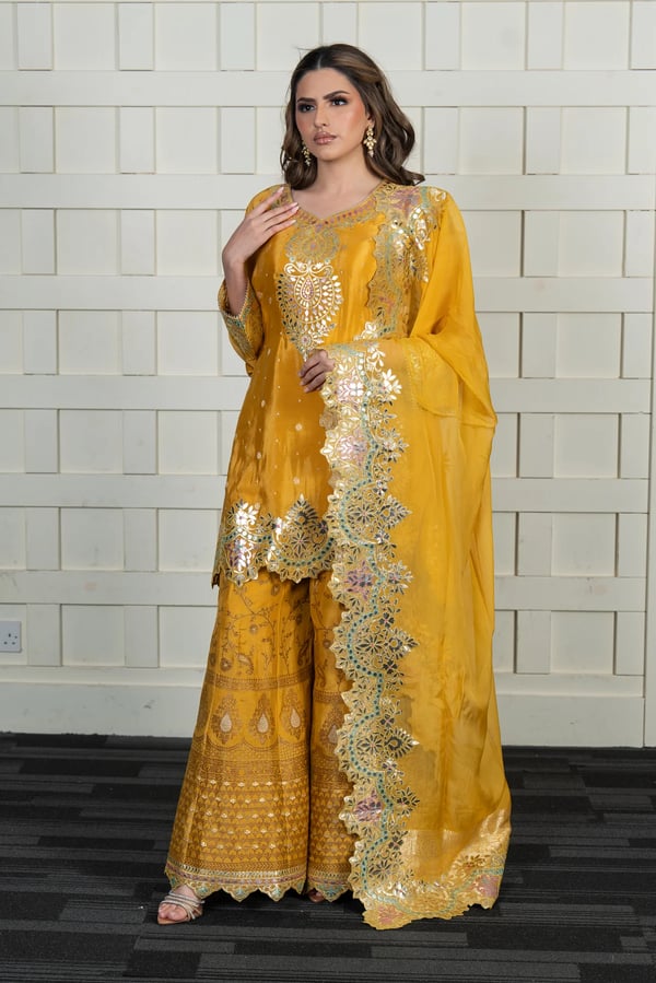 Sandali luxe silk 3 piece sharara suit - Yellow, FREE SIZE