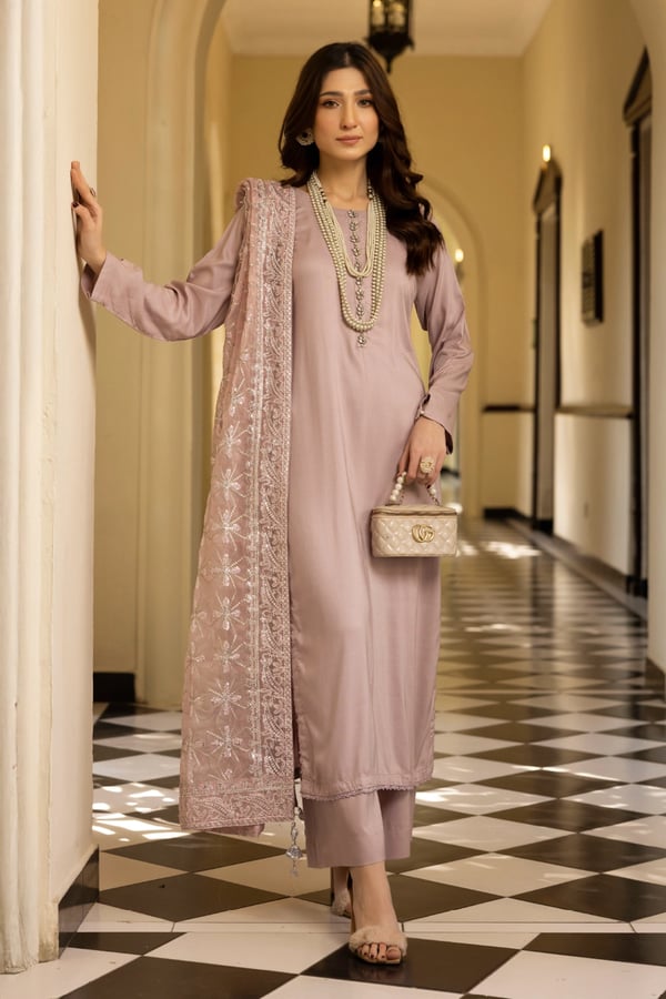 Shimmer 3 piece Eid 2025 mother & daughter shalwar kameez - Lilac, X - Large