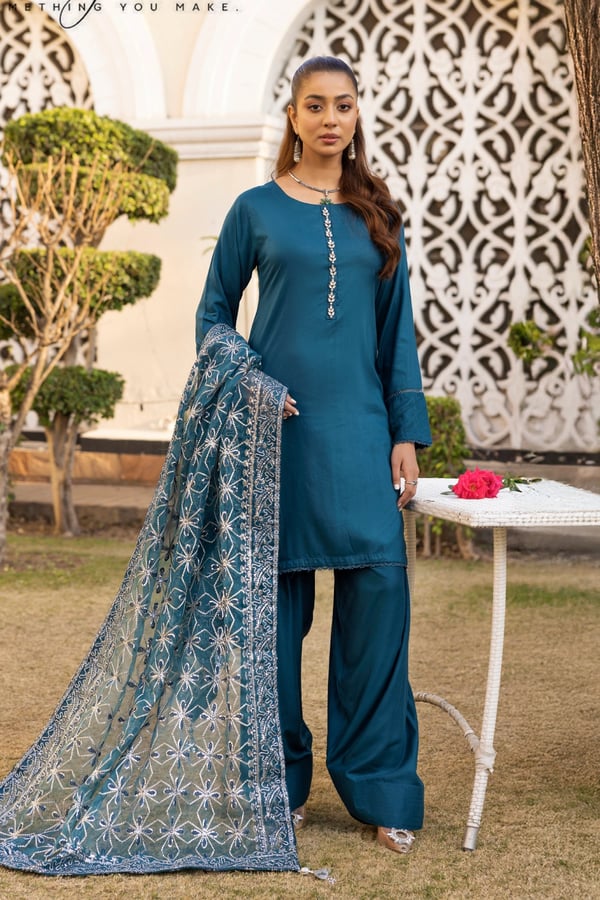 Shimmer 3 piece Eid 2025 mother & daughter shalwar kameez - Teal, X - Large