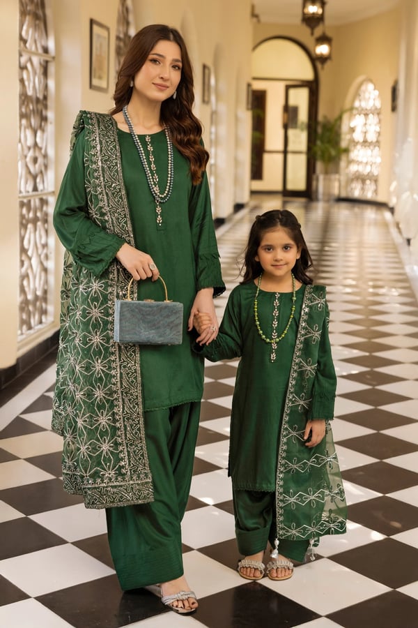 Shimmer 3 piece kids Eid 2025 mother and daughter shalwar kameez