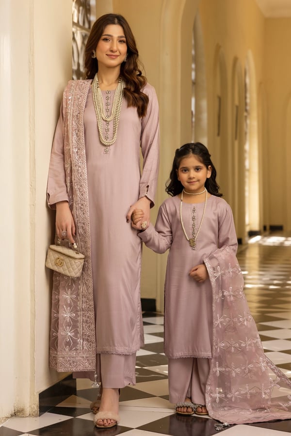 Shimmer 3 piece kids Eid 2025 mother and daughter shalwar kameez - Lilac, 22