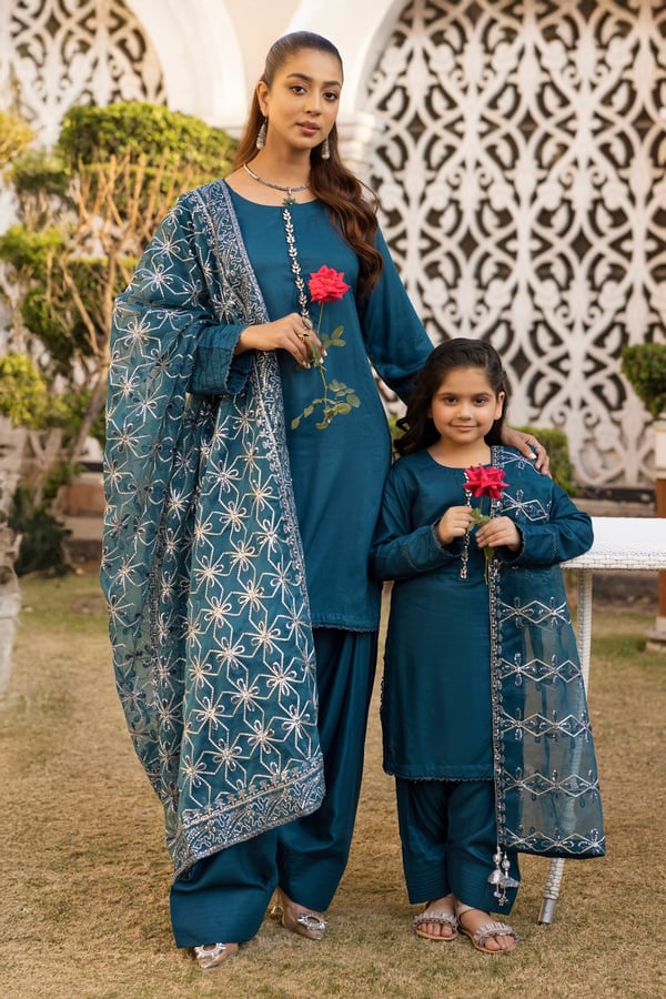Shimmer 3 piece kids Eid 2025 mother and daughter shalwar kameez - Teal, 22