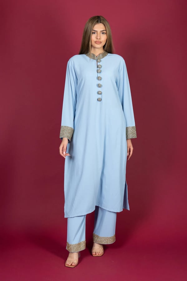 Shiffonz luxury Eid 2025 2 piece modest long shirt collection - Blue, X - Large