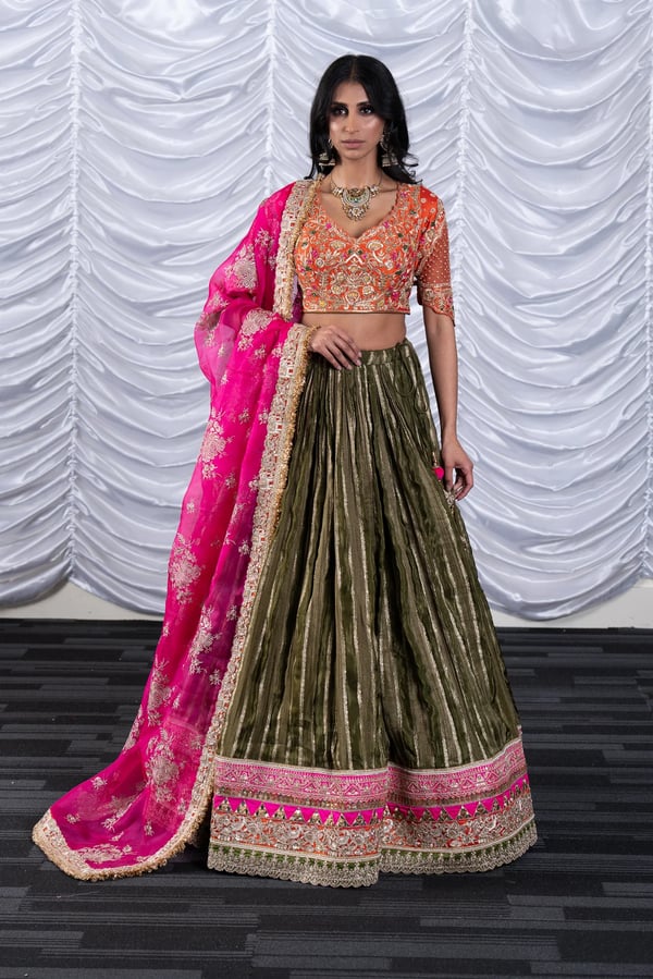 3 Piece organza threadwork lehnga choli - Orange, 36