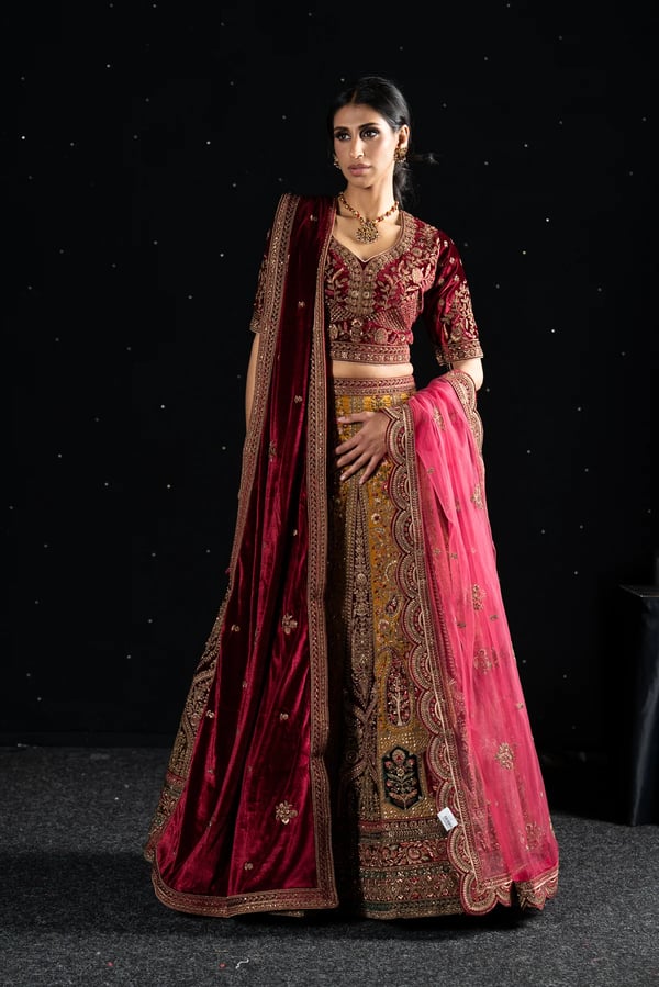 Velvet 3 piece lehnga choli with double dupattas