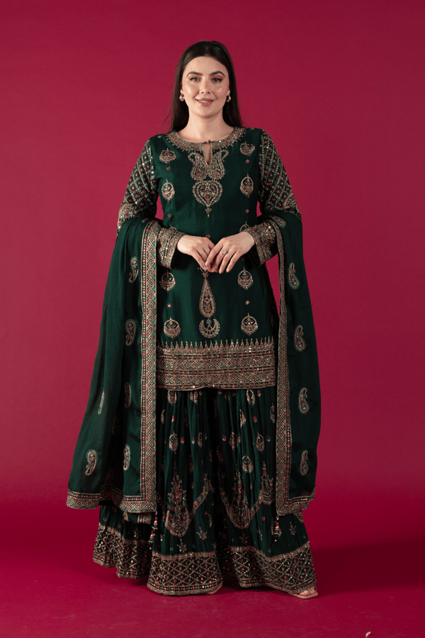 Shiffonz 3 piece chiffon embroidered gharara suit - DGREEN, 36