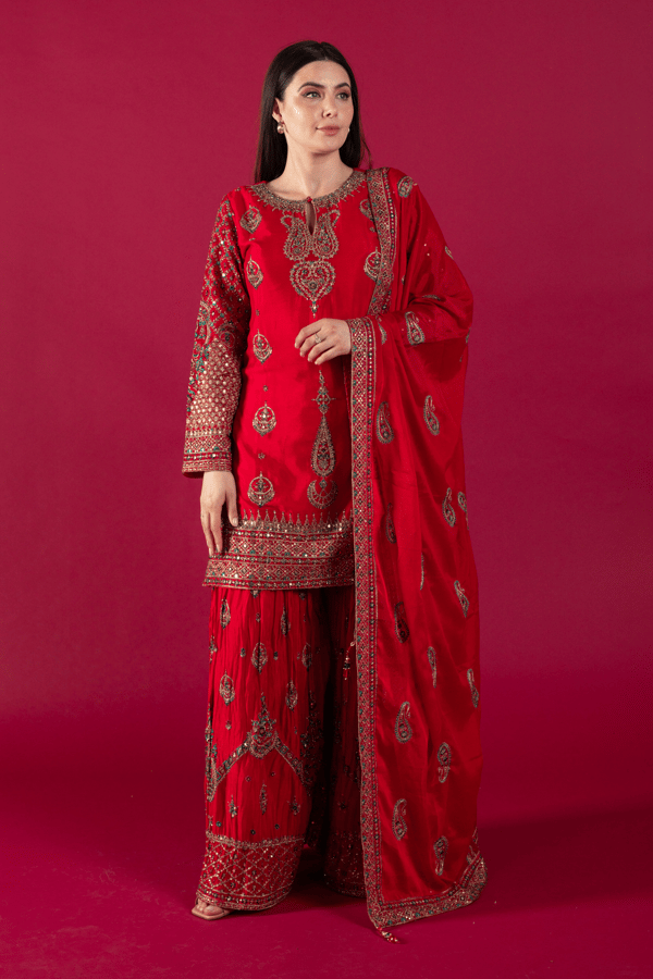 Shiffonz 3 piece chiffon embroidered gharara suit - DPINK, 36