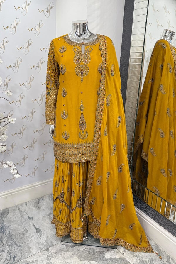 Shiffonz 3 piece chiffon embroidered gharara suit - Yellow, 36