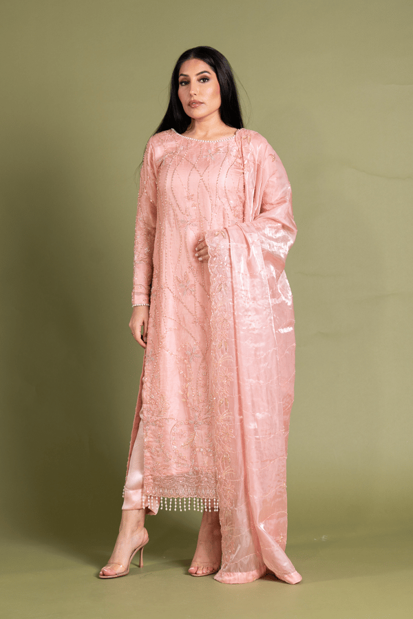 Maya Eid 2025 3 piece long embroidered shirt collection - Peach, X - Large