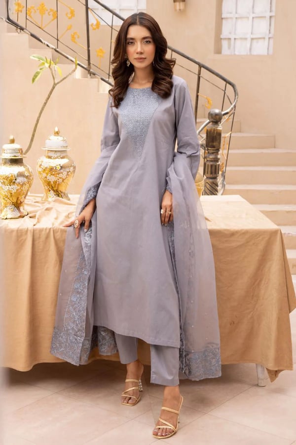 Luxury 3 piece mother and daughter Eid collection 2025 - Grey, Large