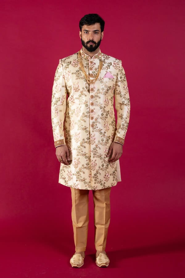 Men's 2 piece sherwani suit with maala - Cream, 36