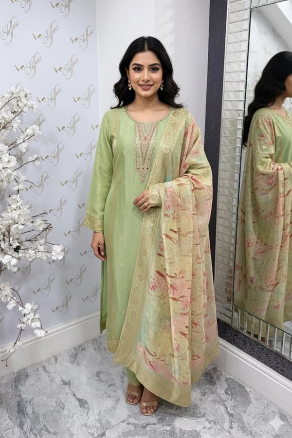 Mehboob luxe collection 3 piece embroidered suit - Mint, 36