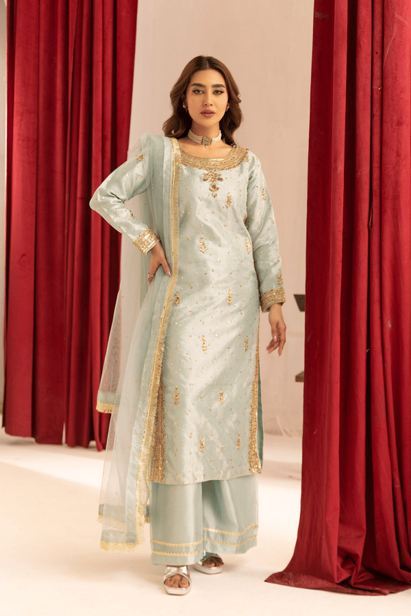 Emre collection 3 piece embroidered raw silk suit
