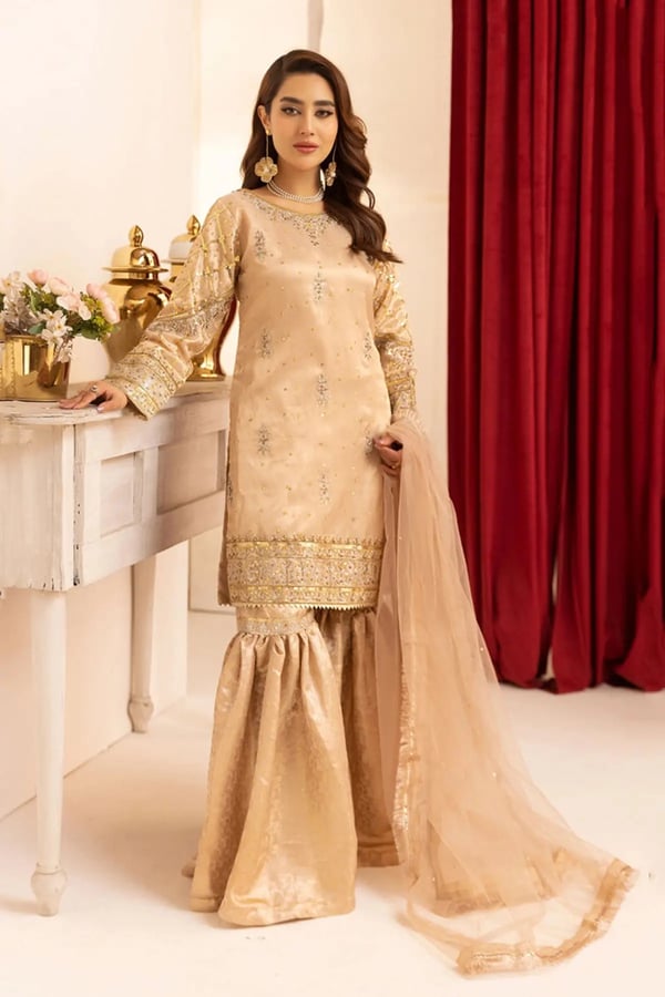 Emre Eid collection 3 piece raw silk embroidered gharara suit - Image 2