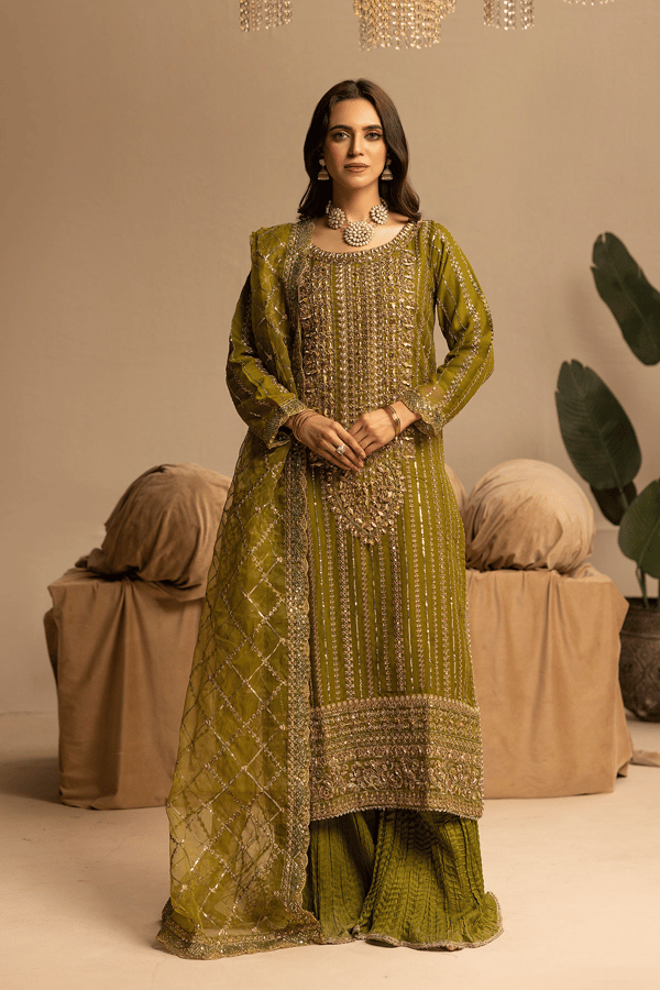 Shiffonz 3 piece crushed plazo embroidered suit - Green, Large