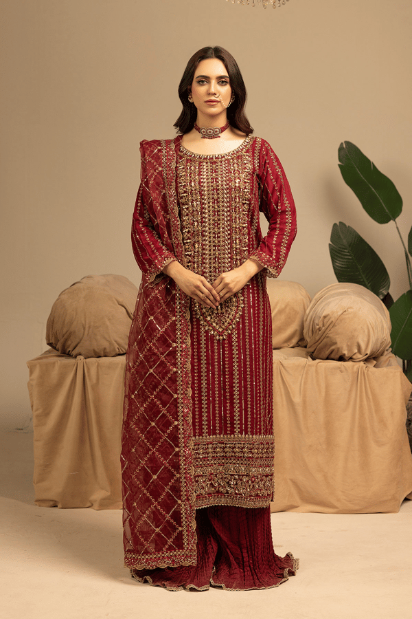 Shiffonz 3 piece crushed plazo embroidered suit - Maroon, Large
