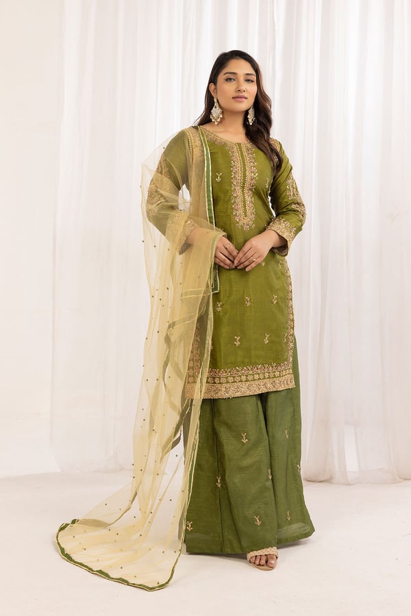 Mirey collection 3 piece embroidered mehndi suit - MEHNDI, X - Large