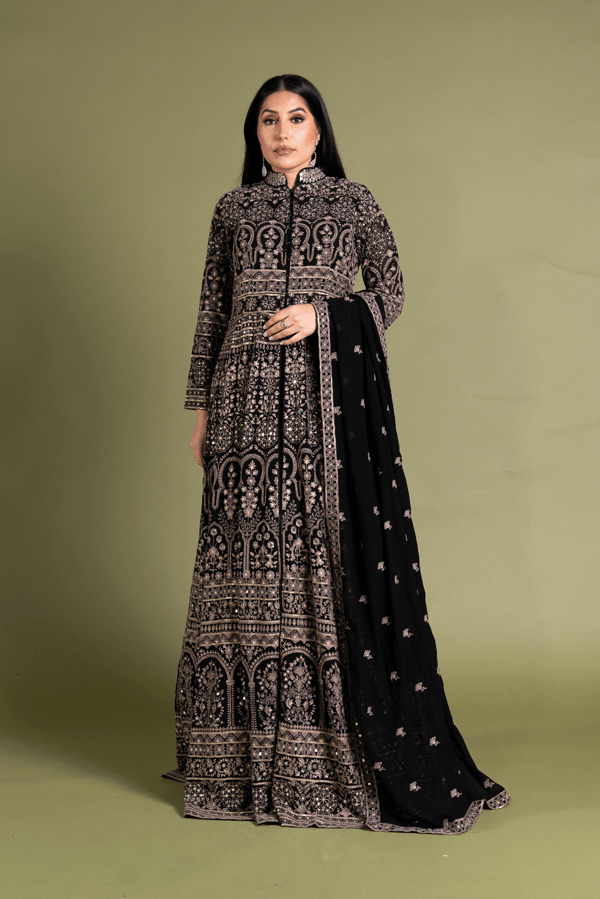 Graceful jacket styled 3 piece long dress - Black, 38