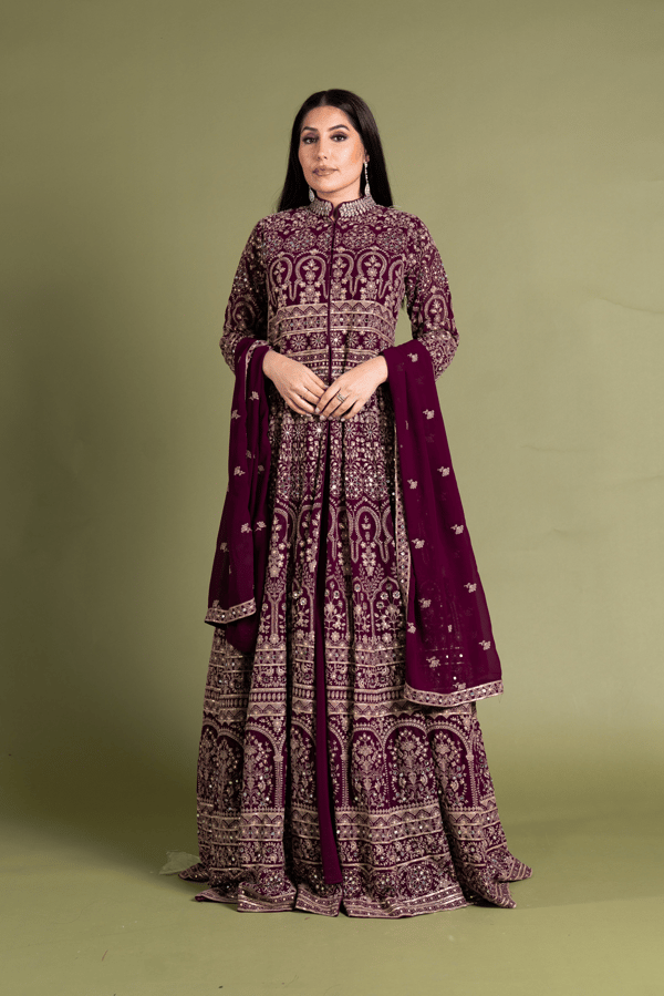 Graceful jacket styled 3 piece long dress - Plum, 40