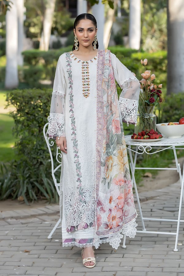Ivana 3 piece luxury chikankari lawn Eid collection - White, Large