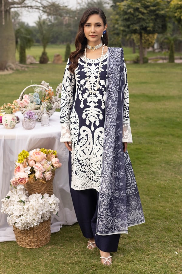 Jasmine Eid 2025 3 piece linen farshi shalwar suit - Navy, X - Large