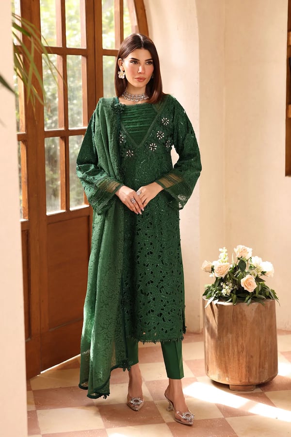 Lamhey Eid collection 3 piece embroidered suit - Green, Large