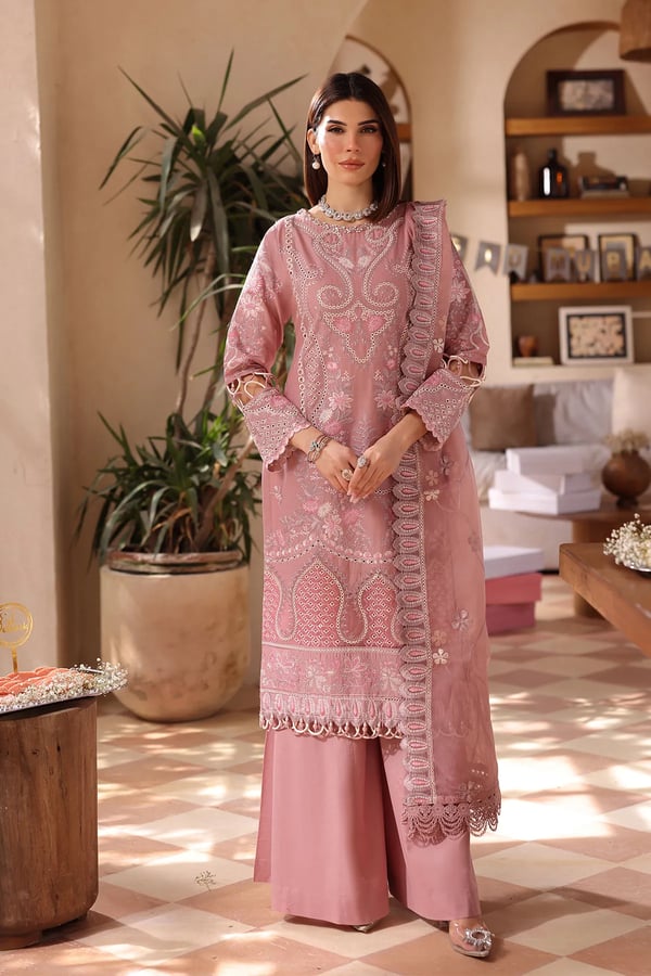 Lamhey chikan kari Eid 3 piece embroidered collection - Pink, Large