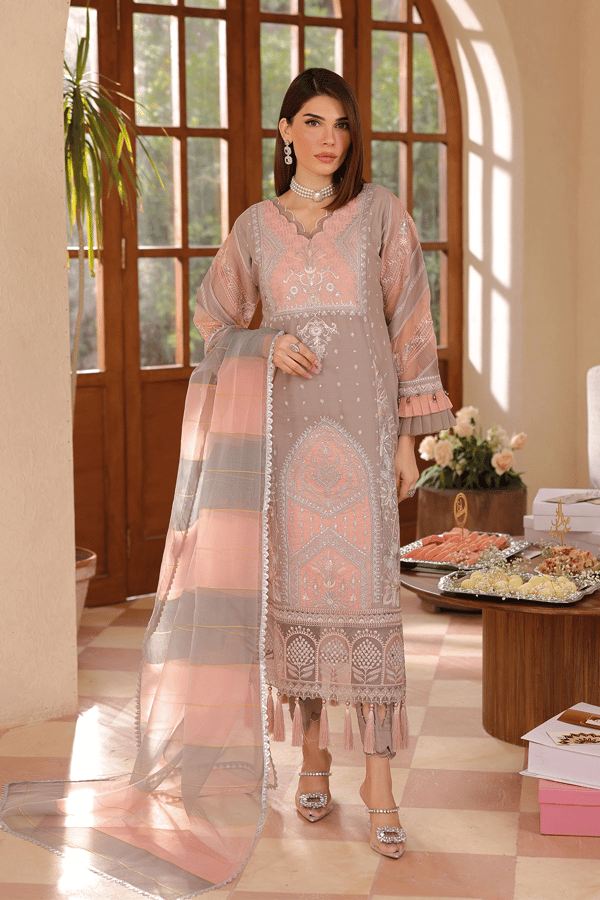 Lamhey Eid collection embroidered 3 piece suit - Peach, Large