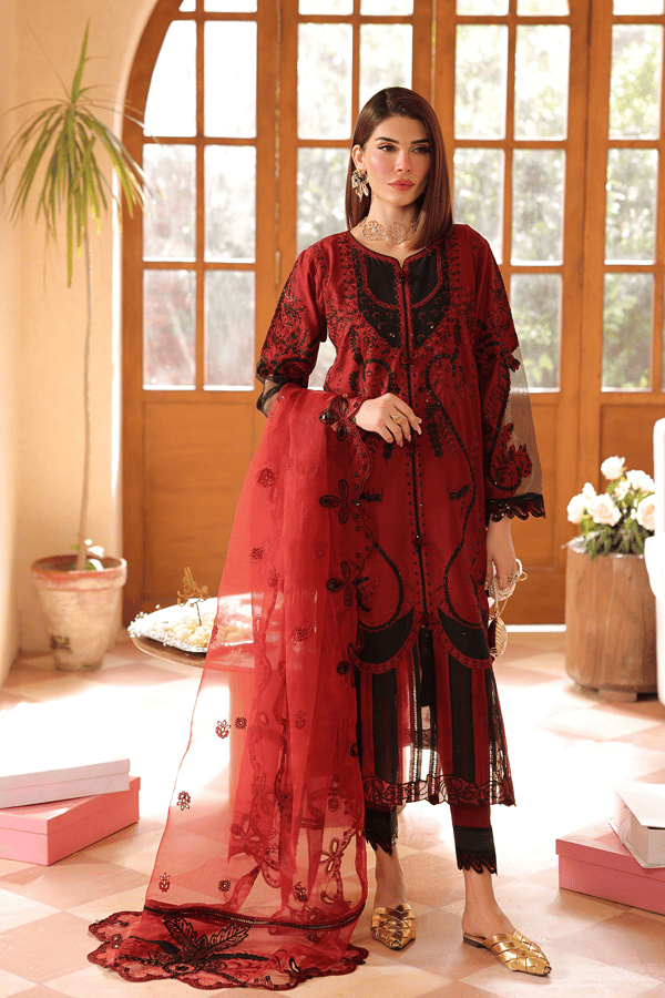 Lamhey Eid collection 3 piece embroidered lawn suit - Maroon, Large