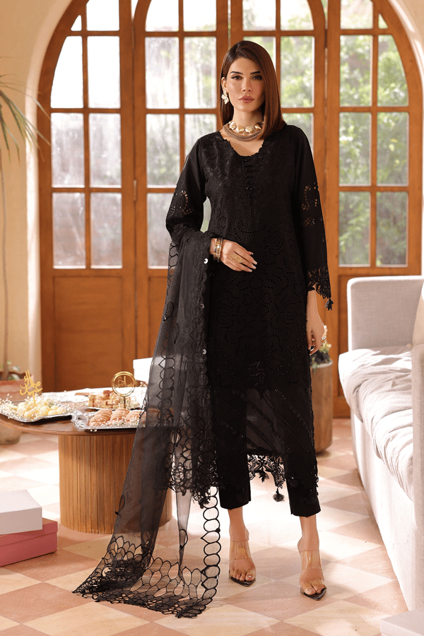 Lamhey Eid collection 3 piece chikan kari embroidered suit - Black, Large