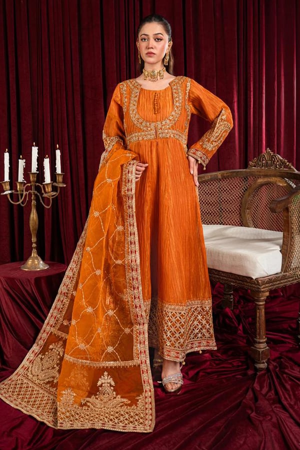 Maria B 3 piece crinkle tissue gown collection - Orange, X - Large
