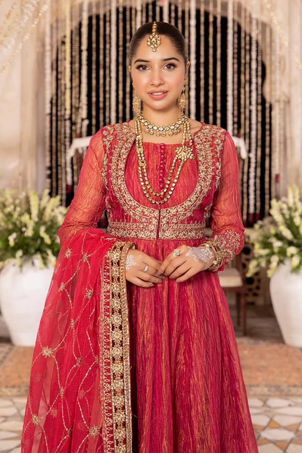 Maria B 3 piece crinkle tissue gown collection - Pink, X - Large