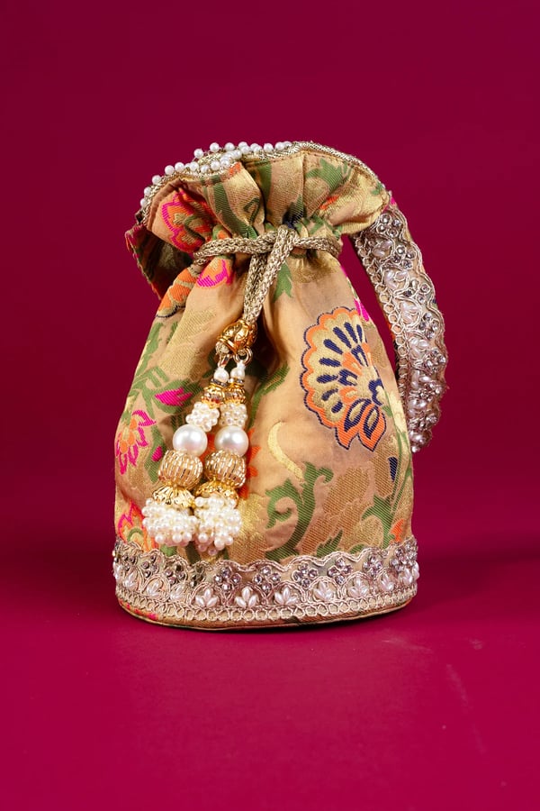 Shiffonz intricate banarsi pearl potli bag