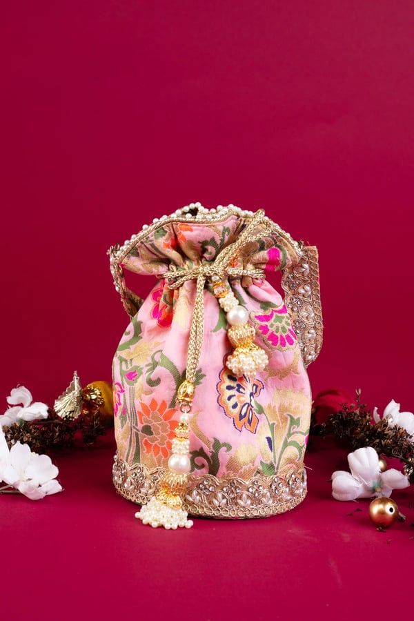 Shiffonz intricate banarsi pearl potli bag - LPINK, FS