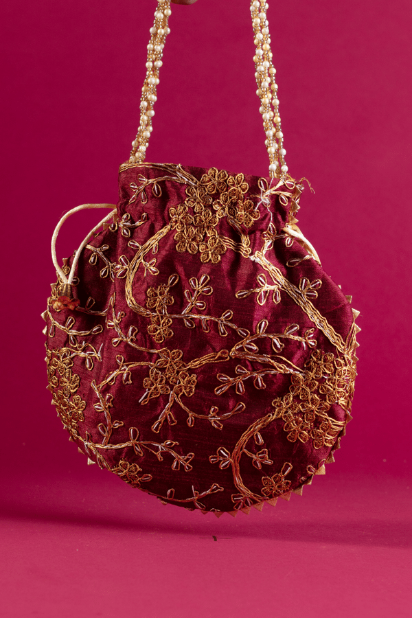 Thread work embroidered potli bag - Maroon, FS