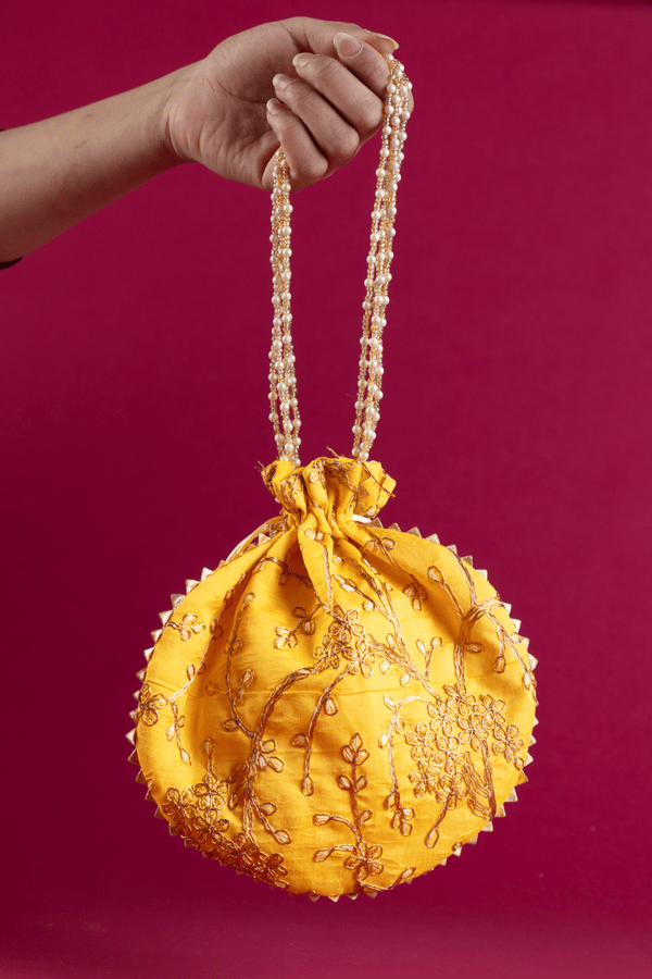 Thread work embroidered potli bag - Yellow, FS