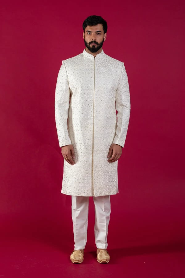 Men's traditional embroidered sherwani set - White, 36