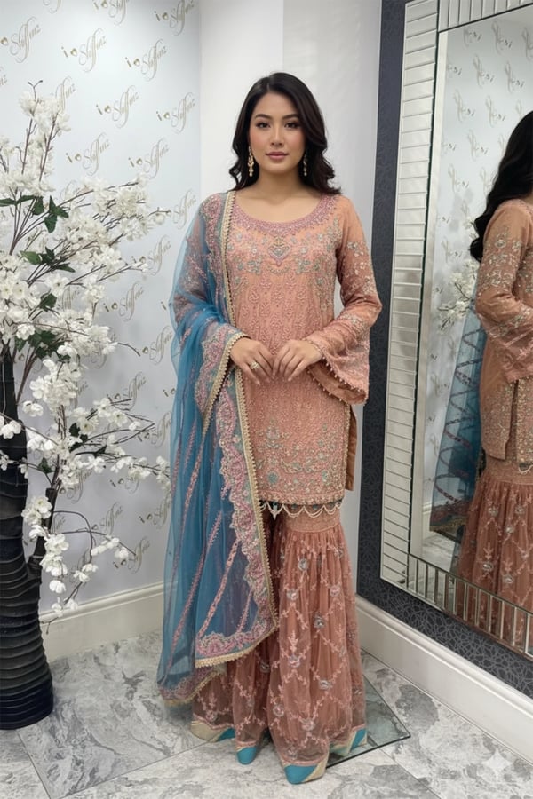 Ursiya premium luxe collection 3 piece gharara suit - Beige, X - Large