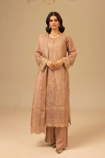 Aurora 3 piece organza embroidered collection - Brown, X - Large