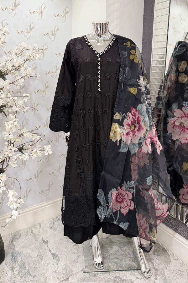 Afiya 3 piece chikan kari embroidered collection - Black, X - Large