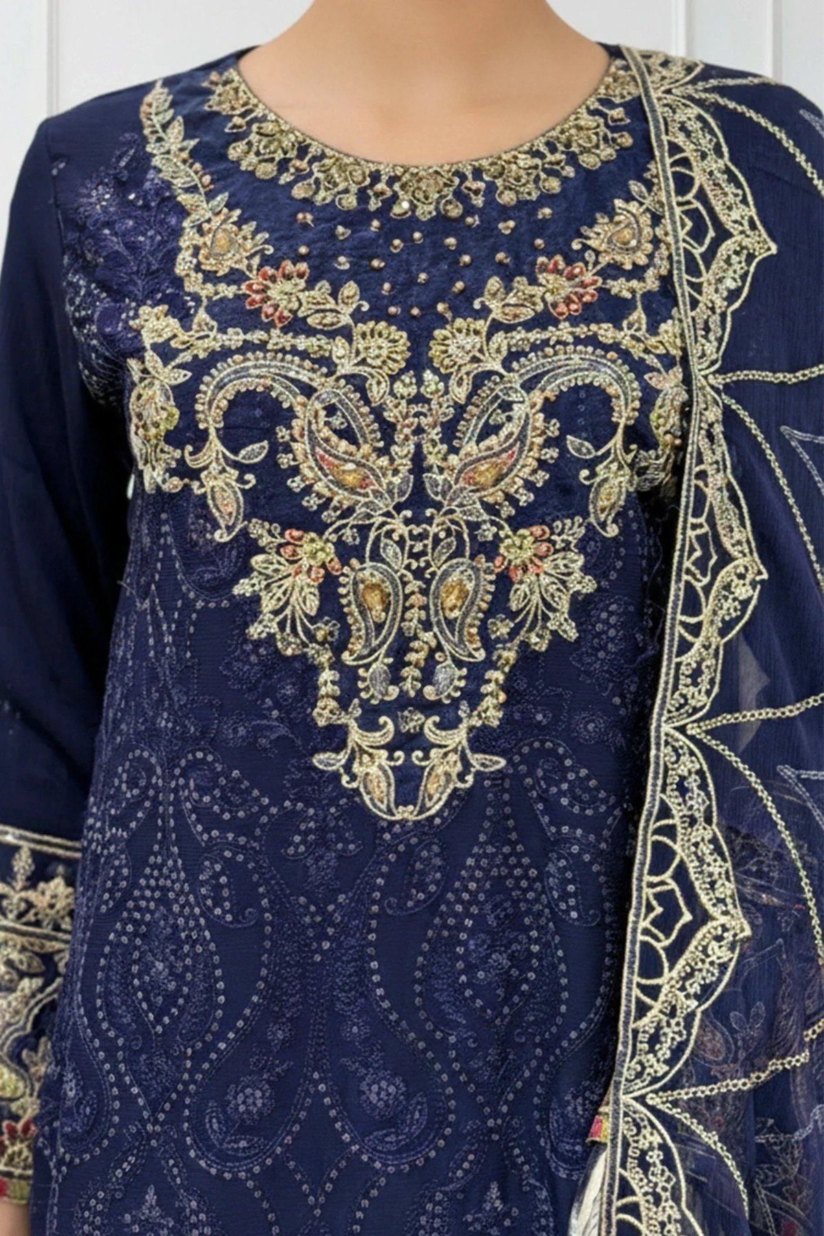 Nazish chiffon lux collection Humble 3 piece embroidered suit - Image 3