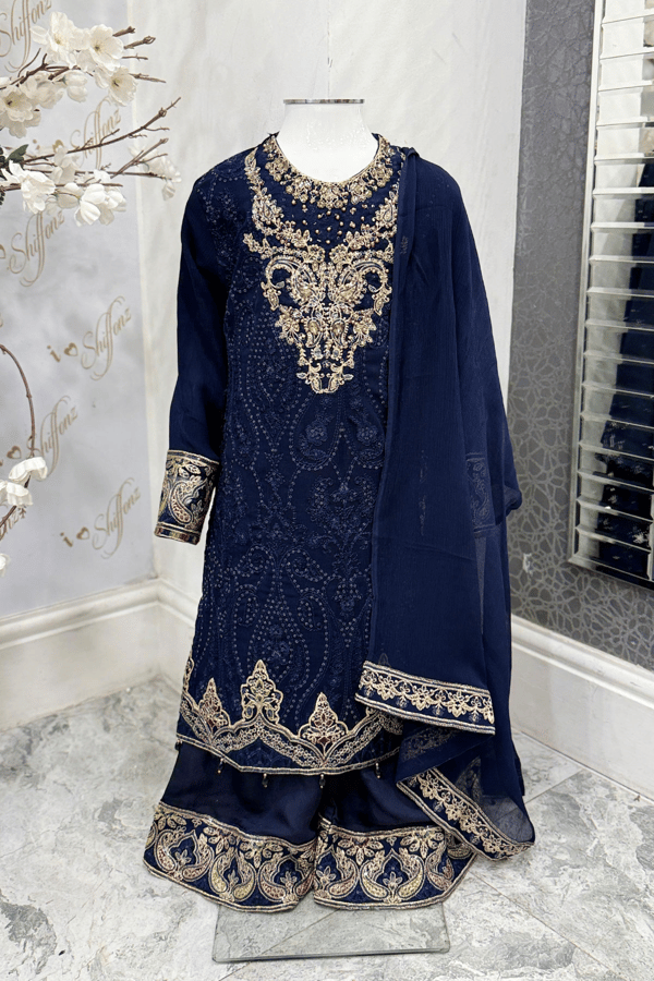 Nazish chiffon lux collection Humble 3 piece embroidered kids suit - Navy, 36