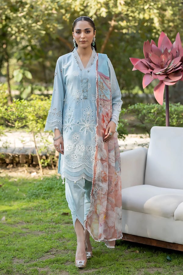 Ivana 3 piece embroidered Eid luxe collection - SBLUE, Large