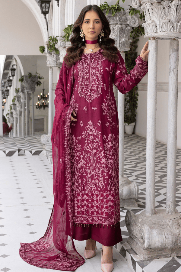 Jalwa 3 piece luxury embroidered Eid collection - Maroon, X - Large