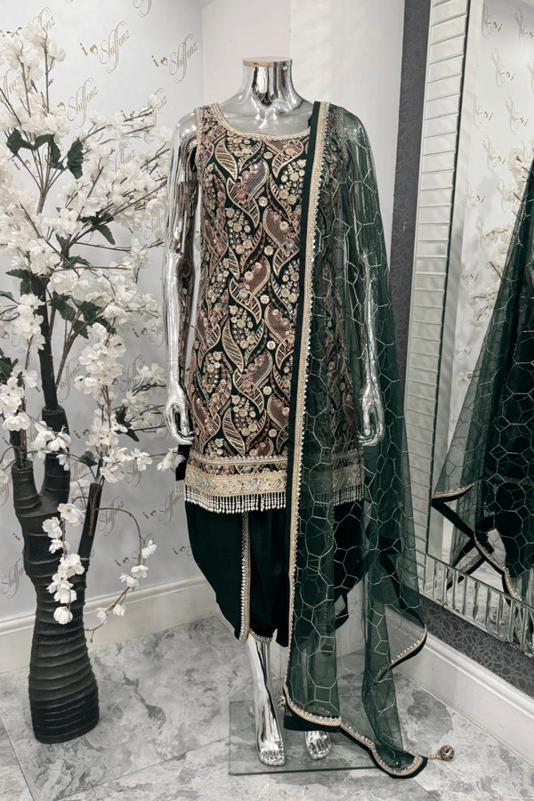 Shiffonz premium 3 piece crepe suit with tulip shalwar - DGREEN, 36