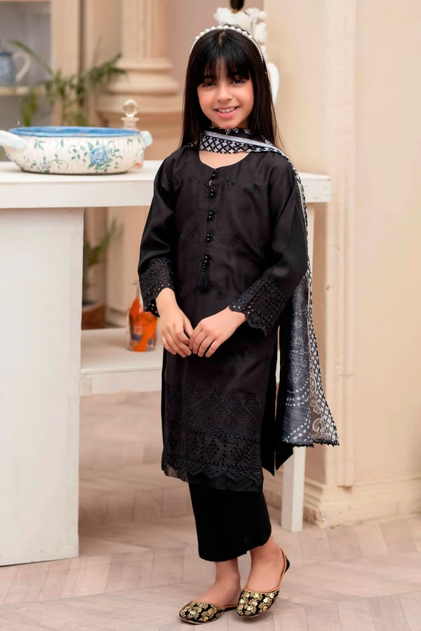Laila mother and daughter kids 3 piece embroidered collection - Black, 36